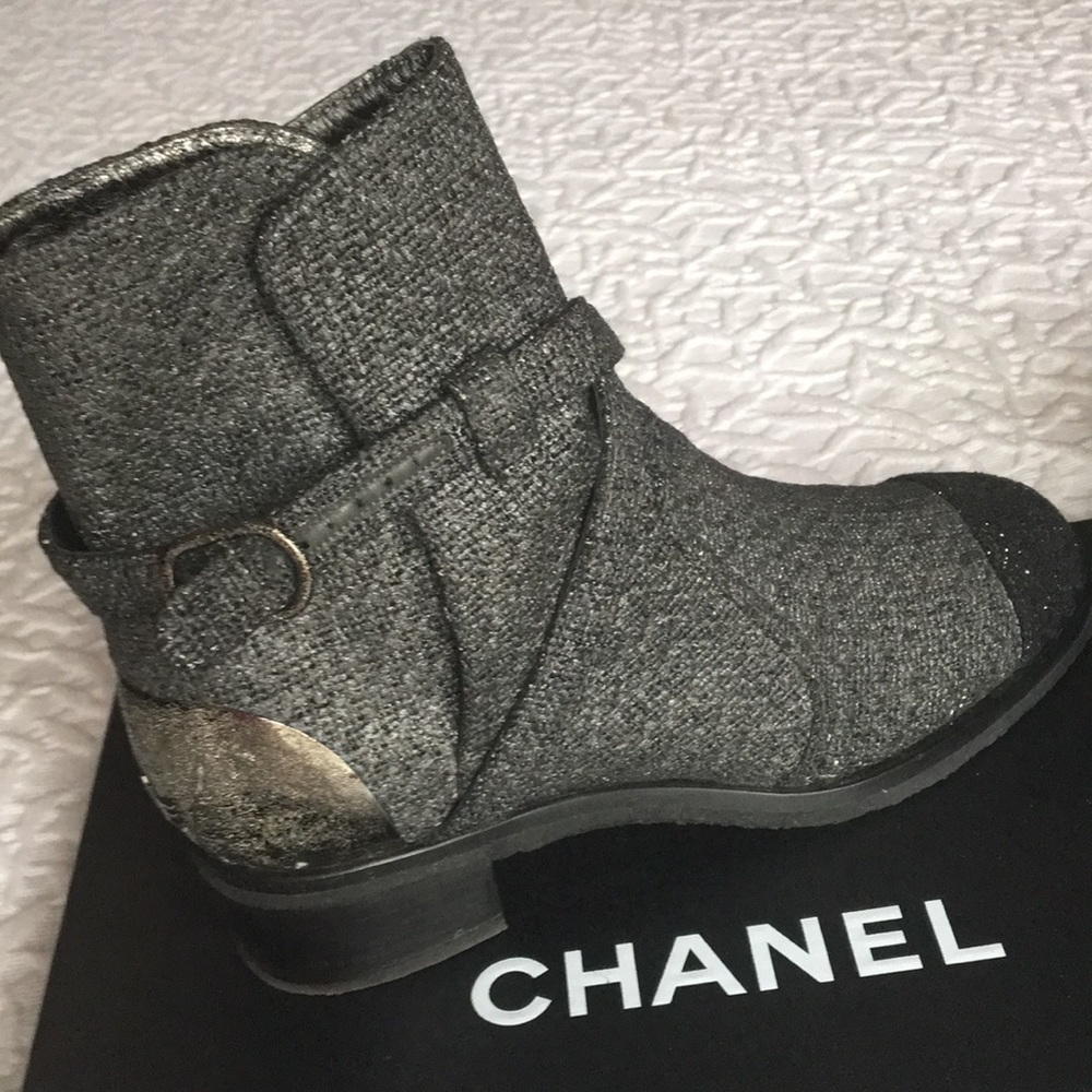 Chanel fabric patent rare short flat boots